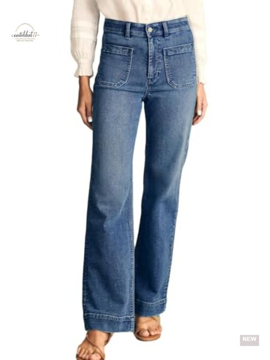 Denim - High Waisted Wide Leg Stretchy Denim Jeans with Pockets